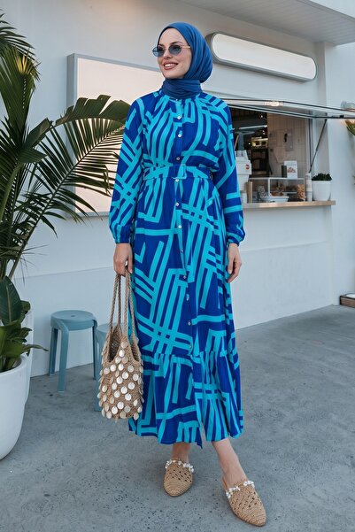 InStyle فستان فيسكوز أزرق بحزام مخطط