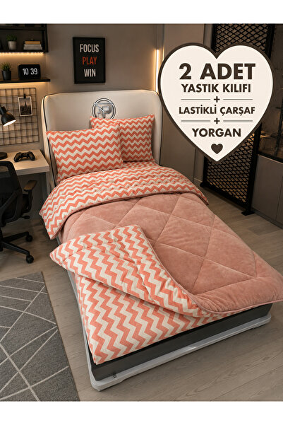 Violacasa Tek Kişilik Welsoft Pufidik Uyku Seti (Lastikli Çarşaflı) Pudra Zigzak