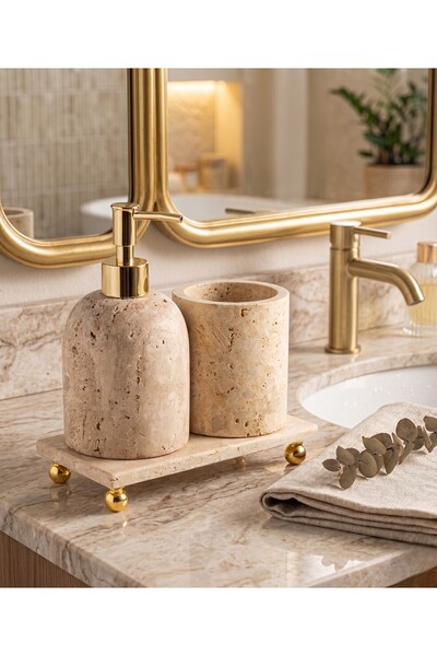 FARALYAHOME TRAVERTEN MERMER 3 LÜ BANYO SETİ GOLD SIVI SABUNLUKLU VE DİŞ FIRÇALIKLI BANYO AKSESUARLARI