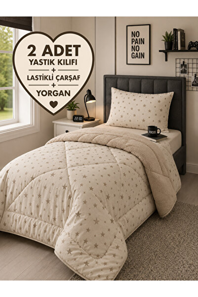 Violacasa Tek Kişilik Welsoft Pufidik Uyku Seti (Lastikli Çarşaflı) Bej Yıldız