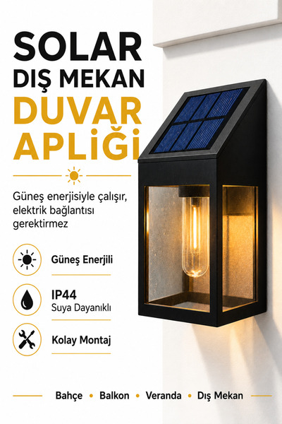 Ecuy Solar Dış Mekan Duvar Aplik Güneş Enerjili IP44 Suya Dayanıklı Bahçe Bal...