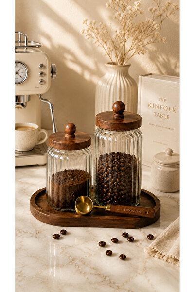 Mottogo Coffee Corner Set of 2 Acacia Lid Glass Jars 700 Ml–950 ml Organizer ...