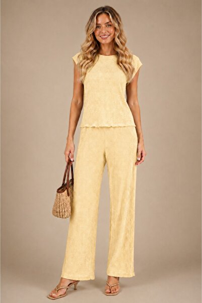 rindahomewear Bürümcük Fabric Yellow Low Sleeve Pajama Set