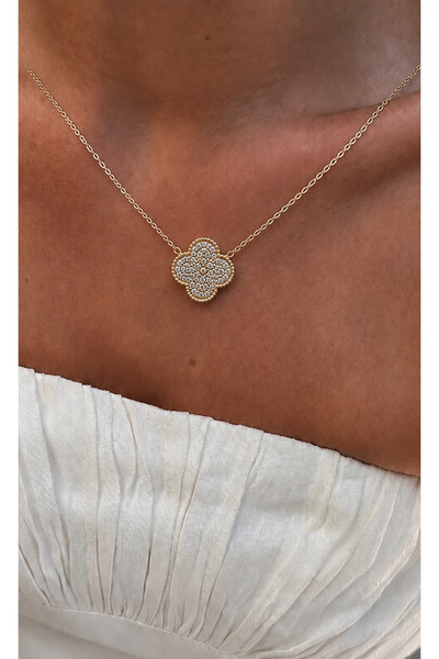 ADENNA JEWELRY Zirkon Taşlı Gold Dört Yapraklı Şans Kolyesi