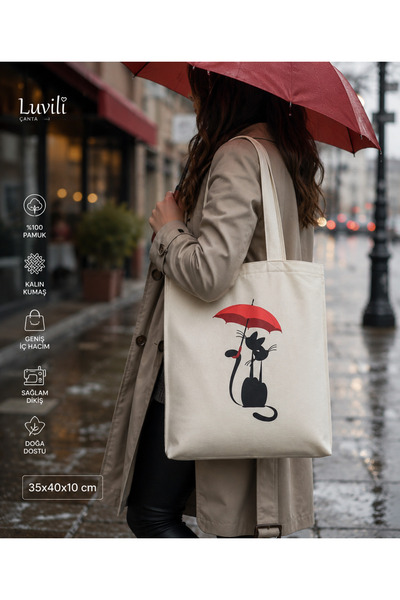 Luvili Umbrella Cat Printed Bellows Canvas Tote Bag 35X40X10 cm