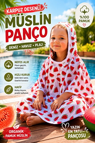 zeymurkids Organik Pamuk Müslin Kapşonlu Palj Deniz Banyo Çocuk Bebek Panço