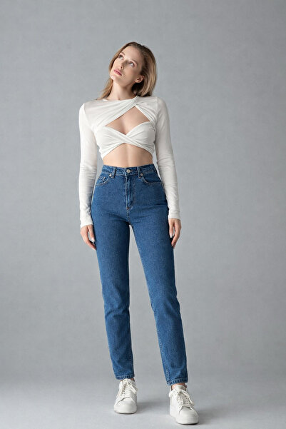 XRAY JEANS Γυναικείο κλασικό μπλε τζιν παντελόνι με ίσια μπατζάκια Mom Fit