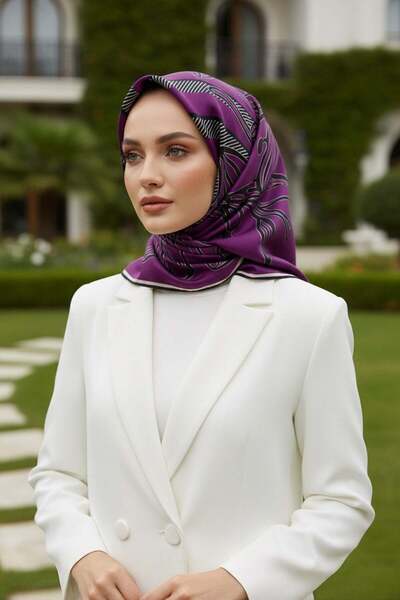 Vissona %100 Twill İpek Çizgili Çiçek Desenli Mürdüm - Siyah Renkli 90x90 Eşa...