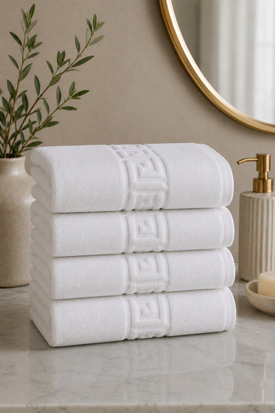 OEM Set de 5 prosoape de hotel albe, cu bordură grecească, 100% bumbac, 50 x ...