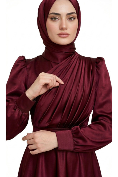 BAHAR DALI BTK Lalin Özel Dikim Şanel Saten Drapeli Bordo Tesettür abiye