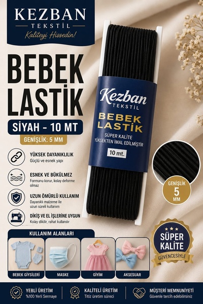 Kezban Tekstil Siyah Bebe Lastiği Bel Paça Lastiği 10 Metre