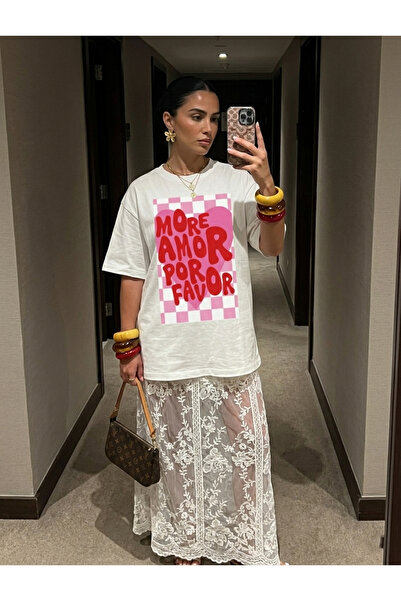 libukes Unisex White More Amor Por Favor Written Heart Printed Oversize T-Shirt