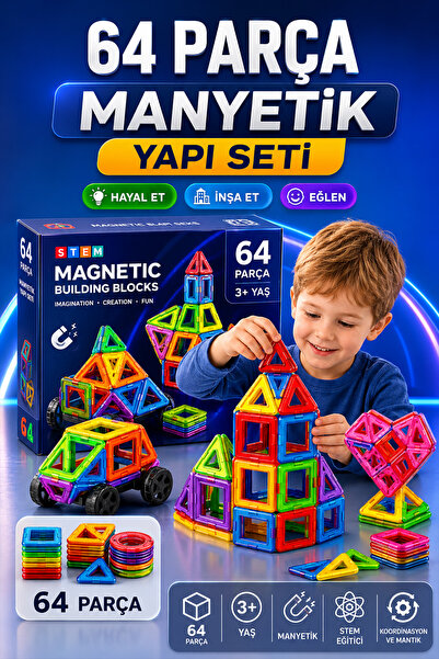 indirimsevinci 64 Parça Manyetik Blok Seti STEM Eğitici Oyuncak Manyetik Yapı...