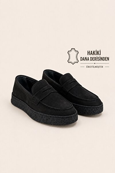 VARNAS Erkek Siyah Nubuk Loafer Hakiki Dana Derisi İç Dış Deri Kauçuk Taban G...