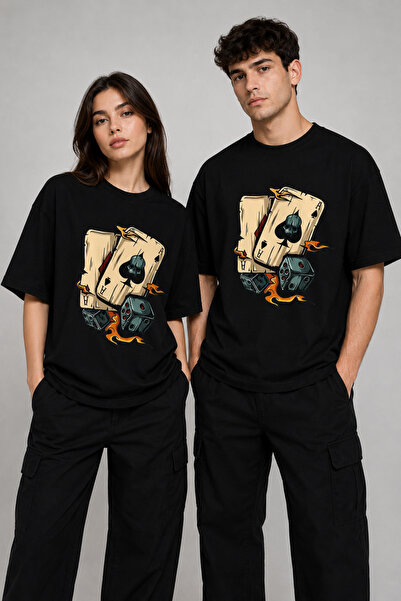 Luliana Unisex Black Oversize T-Shirt with Flame Detail, Playing Cards and Di...