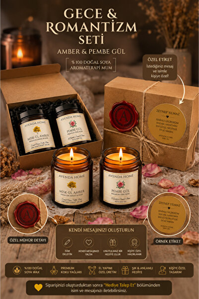 Avenda Home Gece & Romantizm Seti %100 Doğal Soya Aromaterapi Mum Seti Amber ...
