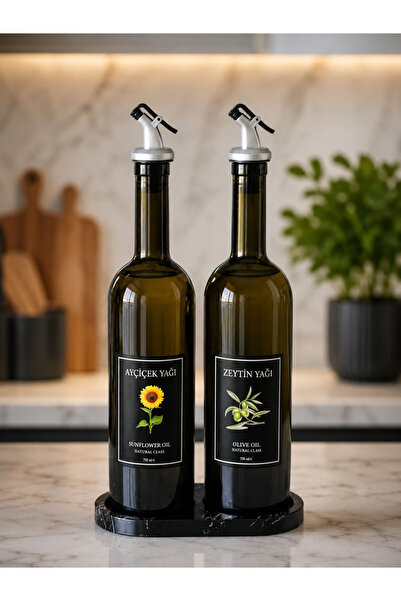 Denizcan Home Mermer Desenli Akrilik Stantlı Amber 2'li 750 ml Zeytinyağı Sıv...