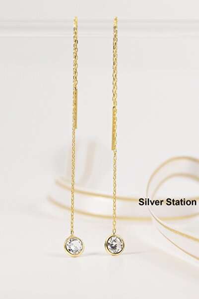 Silver Station Altın Renkli 925 Ayar Gümüş Tektaş Zincir Küpe, Tek Taş Gümüş ...