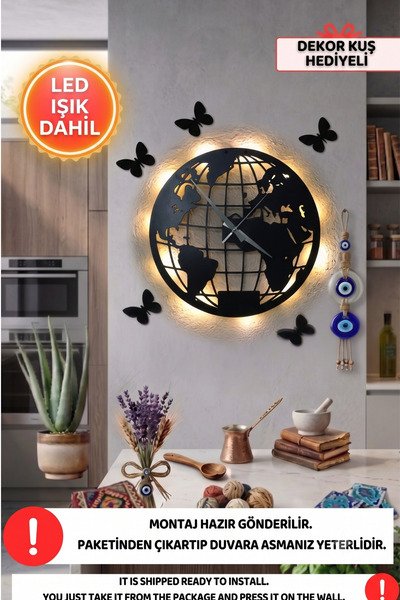 Dekorvin Led Işıklı Modern Dünya Duvar Saati Sessiz Dekoratif Modern Siyah Ah...