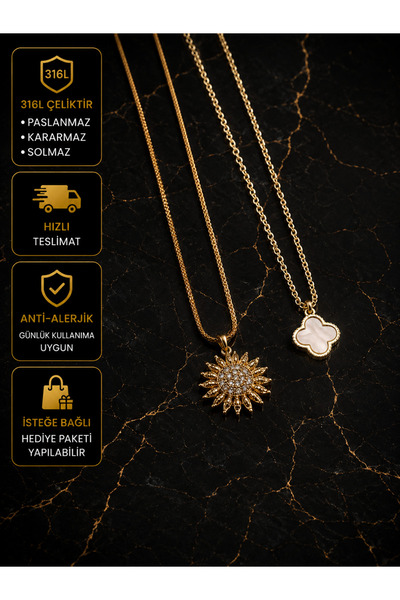 PURE BERRY ZİRKON 2'Lİ SET ÇELİK %100 KARARMAZ SOLMAZ PASLANMAZ ÇELİK KOLYE
