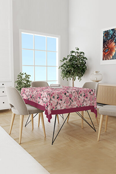 Moud's Pink Pastel Floral Patterned Round Suede Carefree Tablecloth