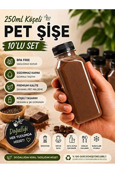 troykar Özer Home 10 lu 250 ml Sızdırmaz Kapaklı Kare Detoks Meyve Suyu Şişe ...