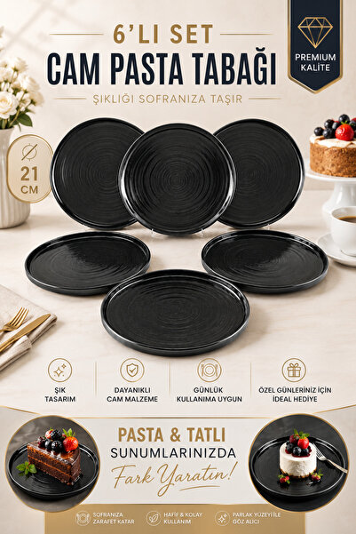 ANGDESİGN Milano Cam Pasta-kek-Tatlı Tabağı 6'lı Antrasit - Servis Sunum Taba...