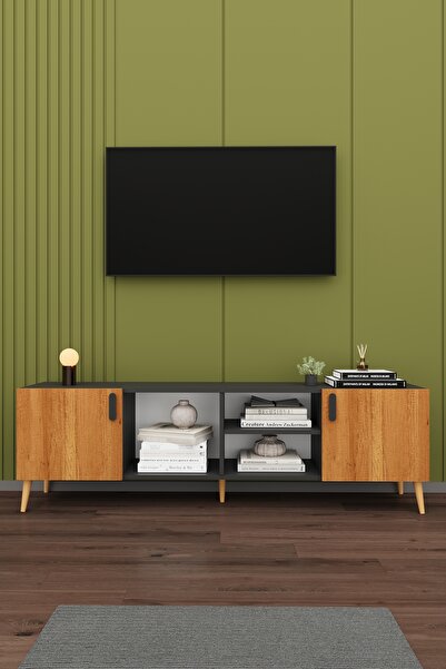 asratrend Modern TV Ünitesi %100 MDF Kapaklı Ahşap Ayaklı Televizyon Sehpası ...