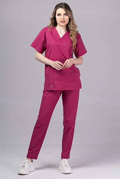 tag Costum medical New Cotton Stretch pentru femei, culoare zmeură