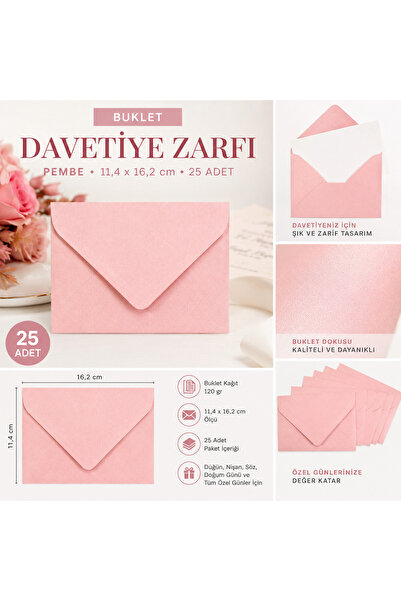 andelart Davetiye Zarfı Pembe 11,4x16,2cm Buklet 25 Adet