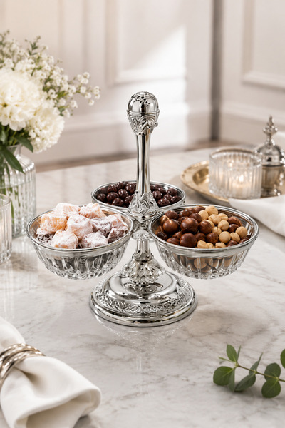 RASHA COLLECTION Gümüş 3 Gözlü Kuruyemişlik – Dekoratif Çerezlik Lokum ve Kur...