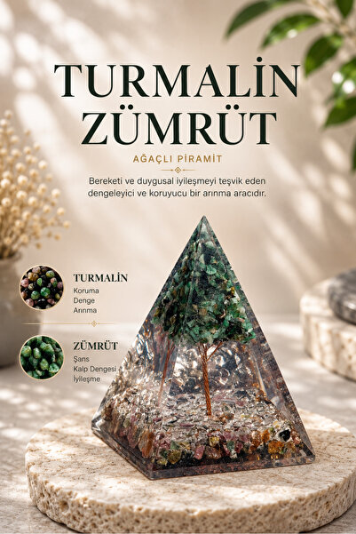 Saff Doğal Taş Turmalin & Zümrüt Ağaçlı Piramit