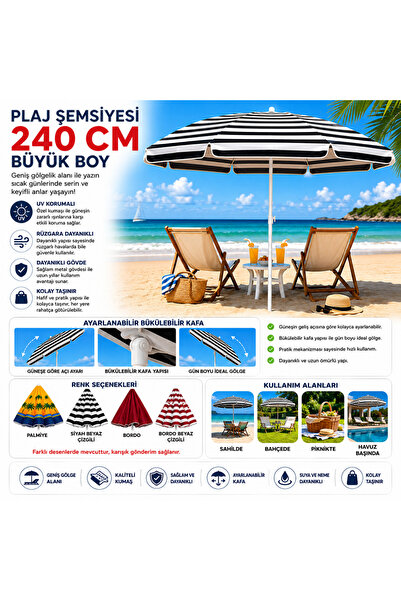 yusa stores 240 Cm Büyük Boy Plaj Şemsiyesi Ayarlanabilir Başlıklı Bahçe Pikn...