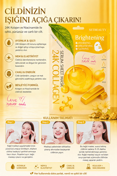 SETBEAUTY قناع ورقي طبيعي 100% من الكولاجين عيار 24 قيراط