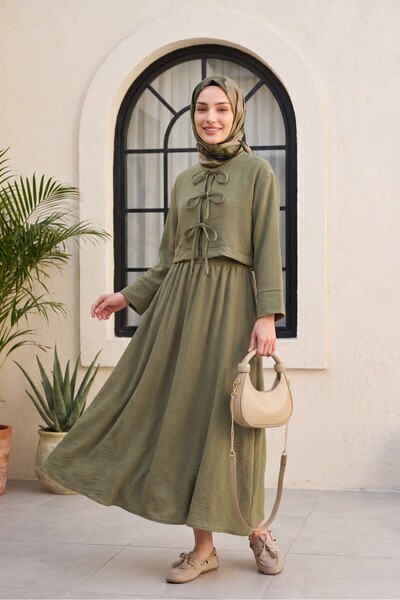 Modamorfo Linen Look Suit with Lace-Up Front and Elastic Waist Skirt -Khaki