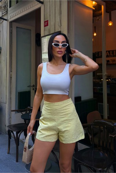Fav Style Women's Scallop Embroidered Shorts Yellow