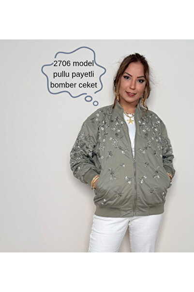 ZZ 2706 Kadın Payet Nakış İşlemeli Fermuarlı Haki Bomber Ceket Mont