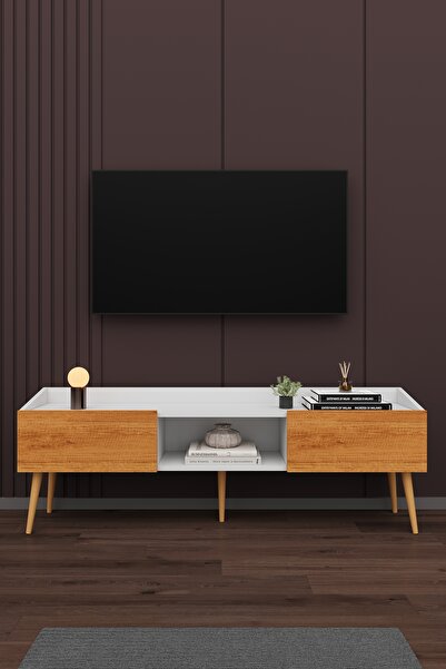 asratrend Modern TV Ünitesi %100 MDF Kapaklı Ahşap Ayaklı Televizyon Sehpası T28
