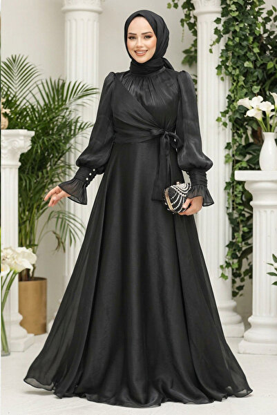 Neva Style Bağlama Detaylı Siyah Tesettür Abiye Elbise 48051S