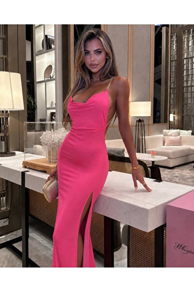 Genel Markalar Kadın Maxi Boy Sırt Zincir Detaylı Full Likralı Yırtmaçlı Elbise