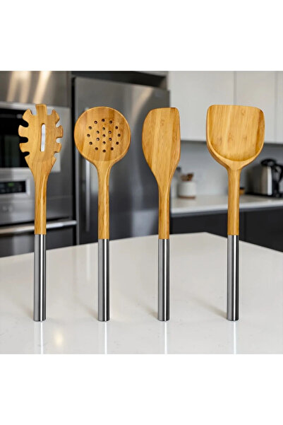 Bereketli Store Metal Saplı Bambu 4’lü Mutfak Seti – Kevgir, Spatula, Yan Spa...