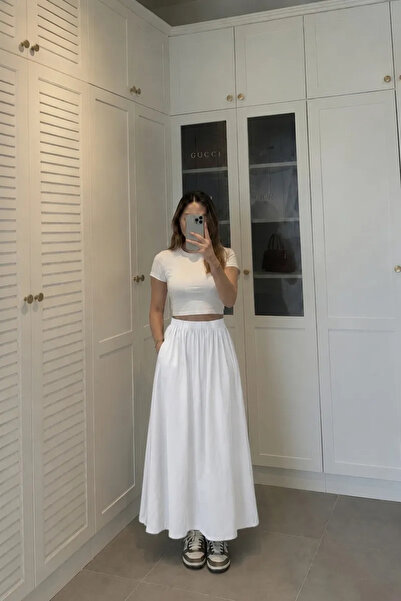 LUXINA GİYİM Kadın Beyaz Poplin Kumaş Uzun Etek Beli Lastikli Günlük Maxi Ete...