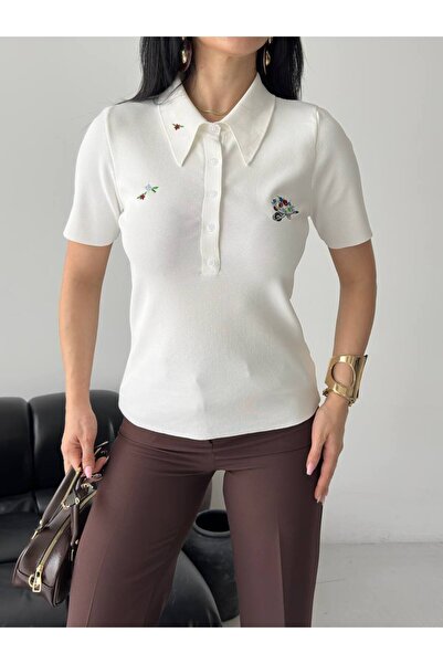 EAS GİYİM Embroidery Detailed Polo Collar Buttoned Sweater