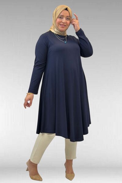 Eslina 28016 Plus Size Navy Blue Mevlana Combed Cotton Tunic