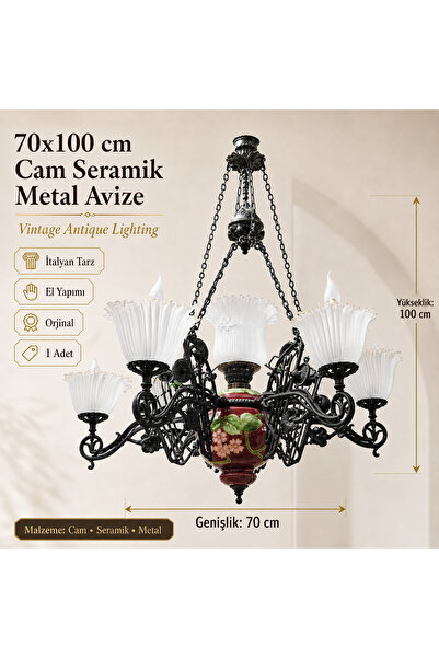 esdekor 100x70cm Cam Seramik Metal Avize Vintage Antique Lighting Italyan Tar...