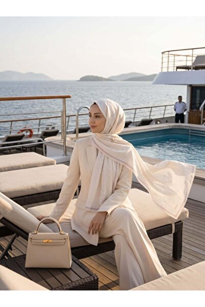 Vissona %57 İpek %43 Pamuk Monogram Dokumalı Bej-Bej Renkli 70X190 Yumuşak Dö...