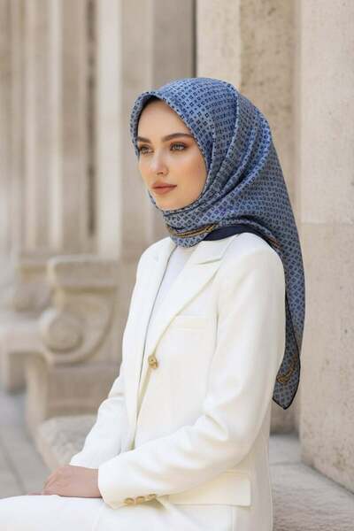 Vissona %57 İPEK %43 VİSKON Twill İpek Zincir Desenli Bebe Mavisi - Siyah Ren...
