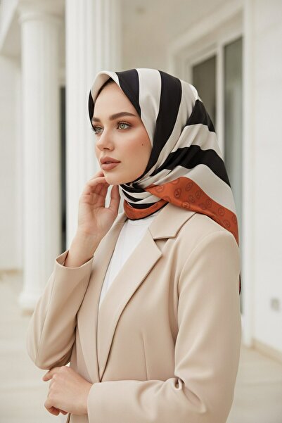 Vissona وشاح من الحرير المزدوج بنسبة 100% بنمط مخطط باللون البني - أسود اللون...