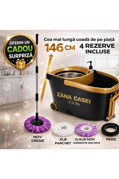 ZanaCasei Mop Zâna Casei® Luxor – Set Premium Inox cu 4 Rezerve, Perie + CADO...
