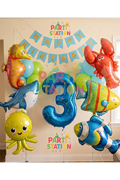 Parti Station Büyük Boy Balonlu Okyanus Hayvanları 3 Yaş Doğum Günü Balon Set...